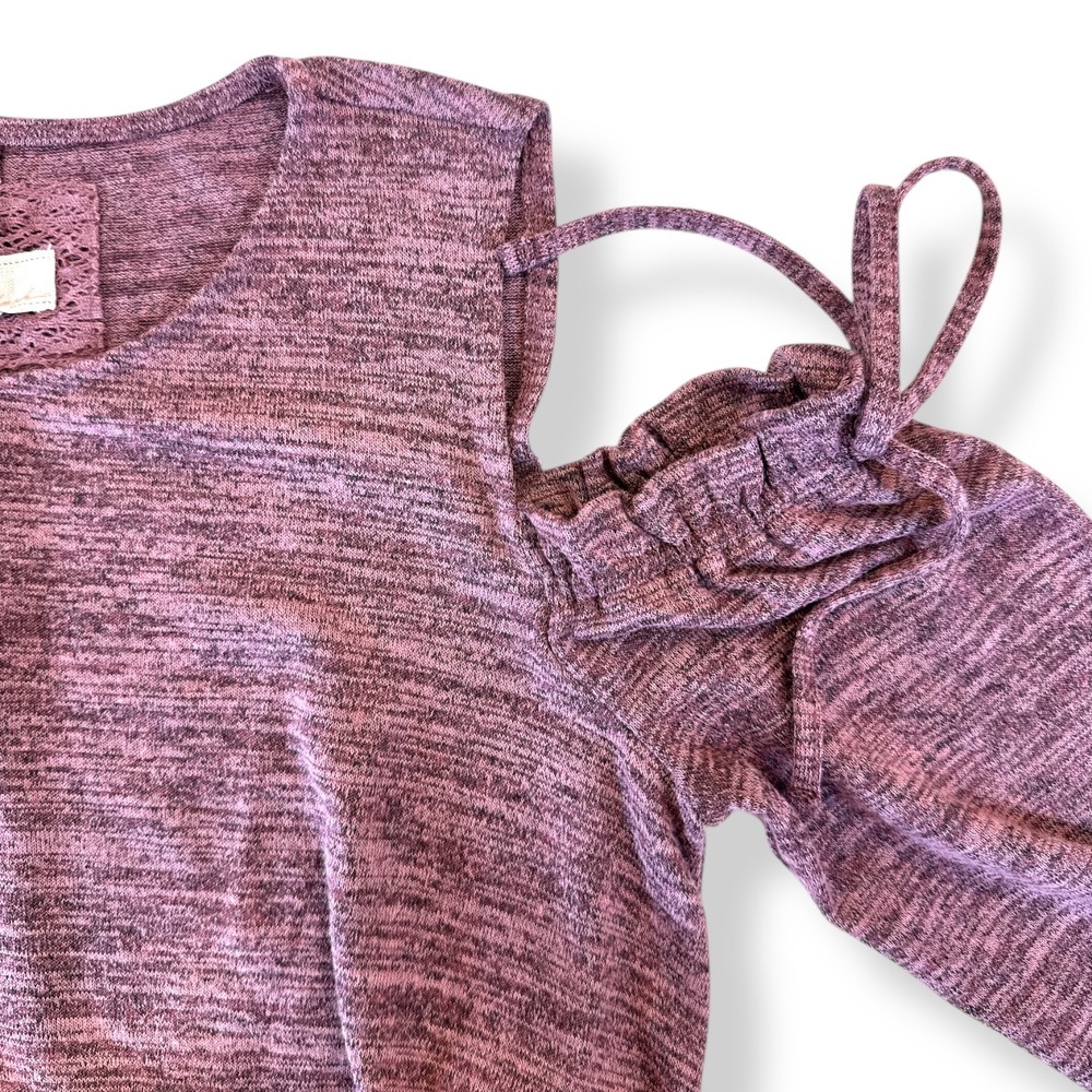 Cupio Womens M, Cold Shoulder Long Sleeve Knit Top Heathered Pink/Purple Stretch